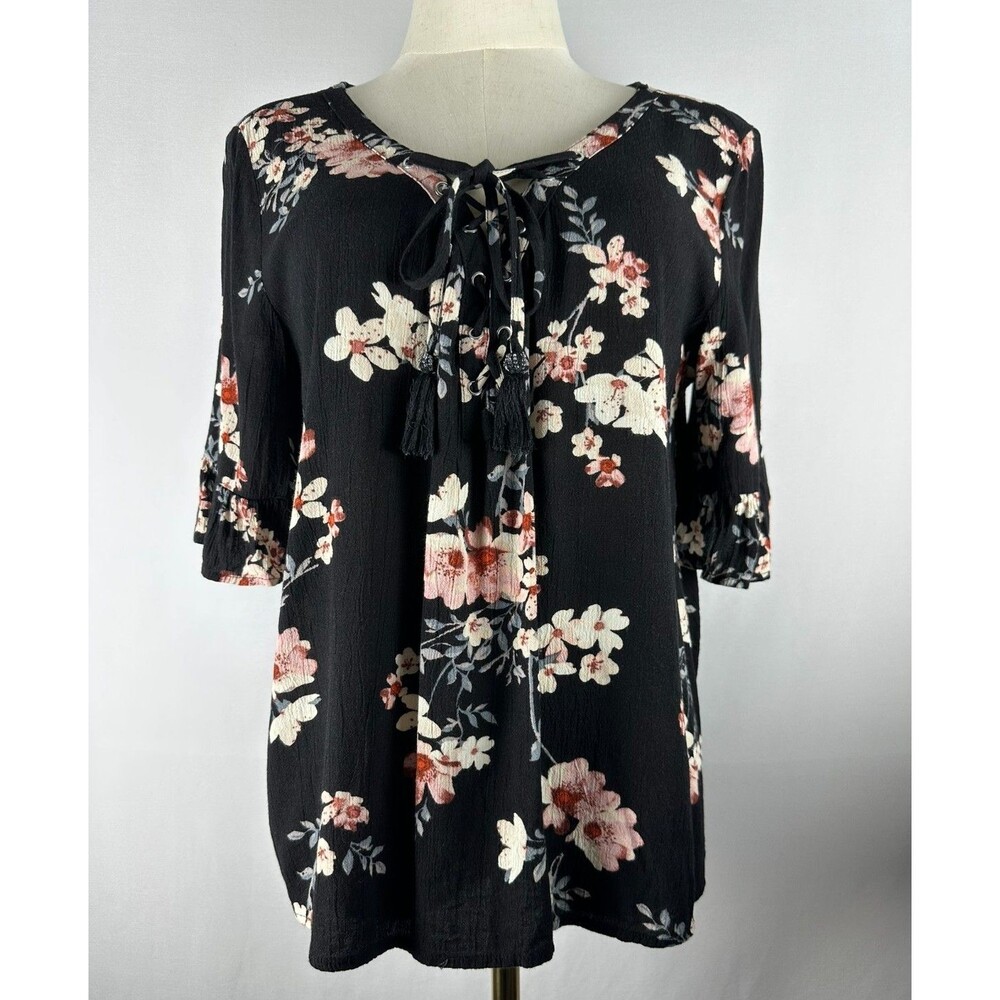 American Eagle Floral Boho Lace Up Peasant Top M Black Cottagecore Romantic